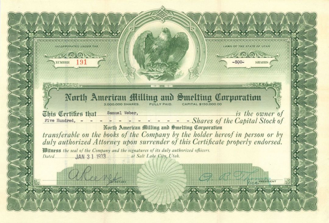 North American Milling and Smelting Corp. - 1933 dated Stock Certificate
