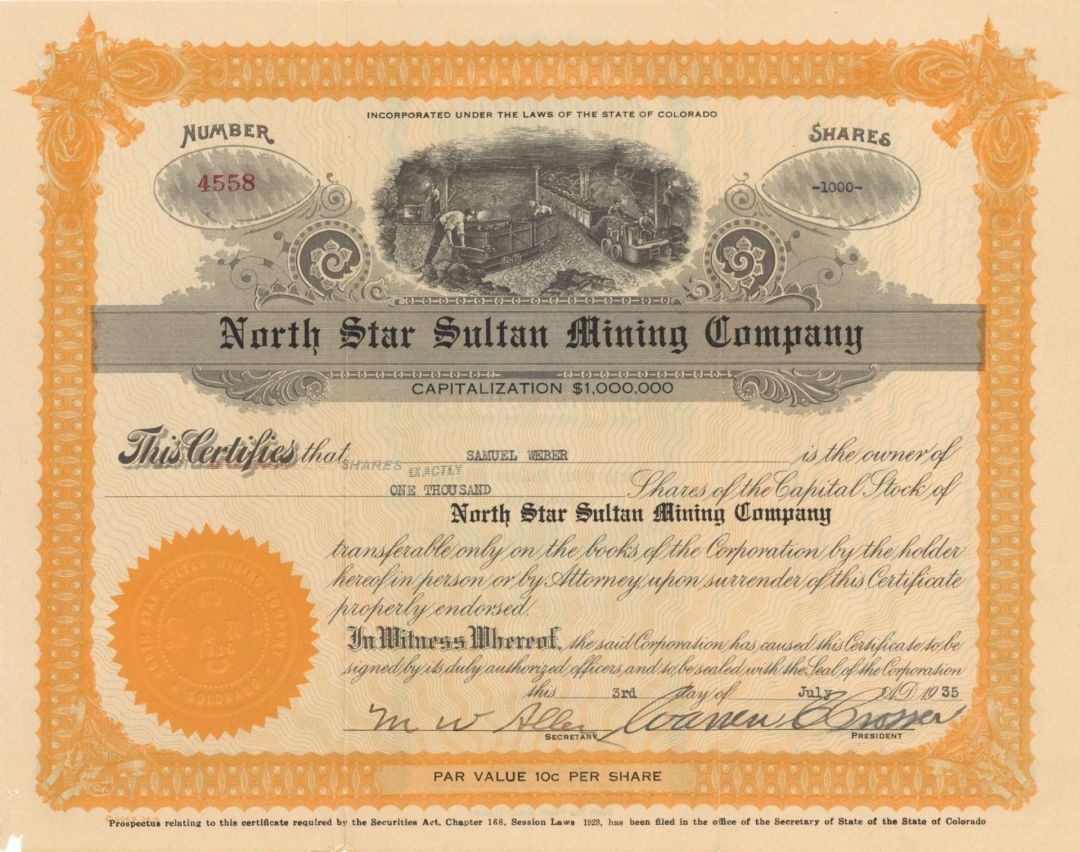 North Star Sultan Mining Co. - 1935 or 1936 dated Stock Certificate