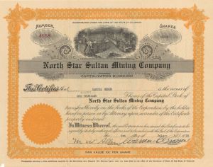 North Star Sultan Mining Co. - 1935 or 1936 dated Stock Certificate