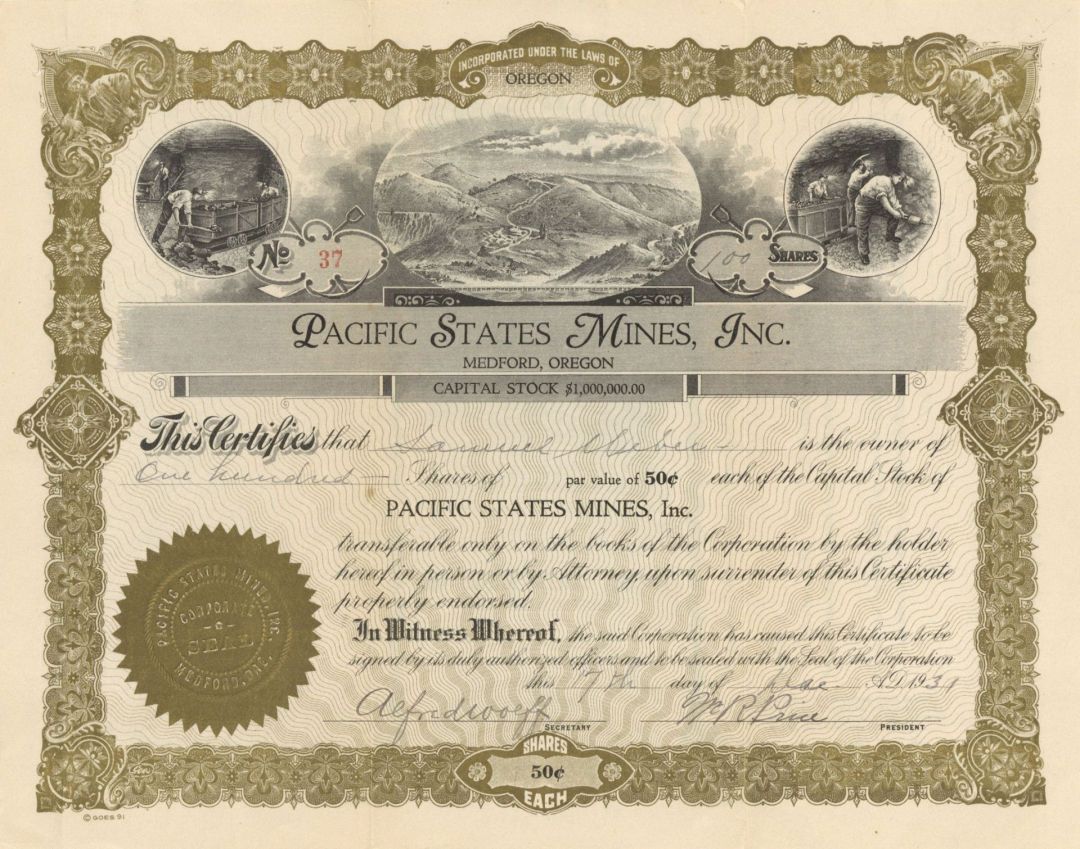 Pacific States Mines, Inc. - 1931-1934 dated Stock Certificate