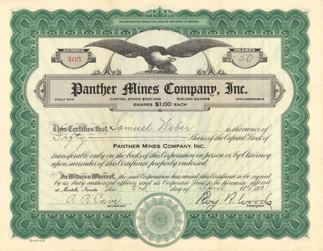 Panther Mines Company, Inc. - 1931 dated Stock Certificate