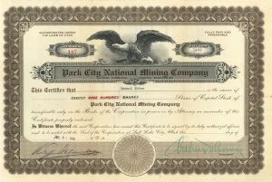 Park City National Mining Co. - 1933 dated Stock Certificate