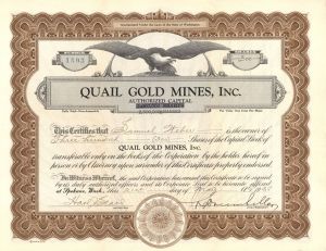 Quail Gold Mines, Inc. - 1938 dated Stock Certificate