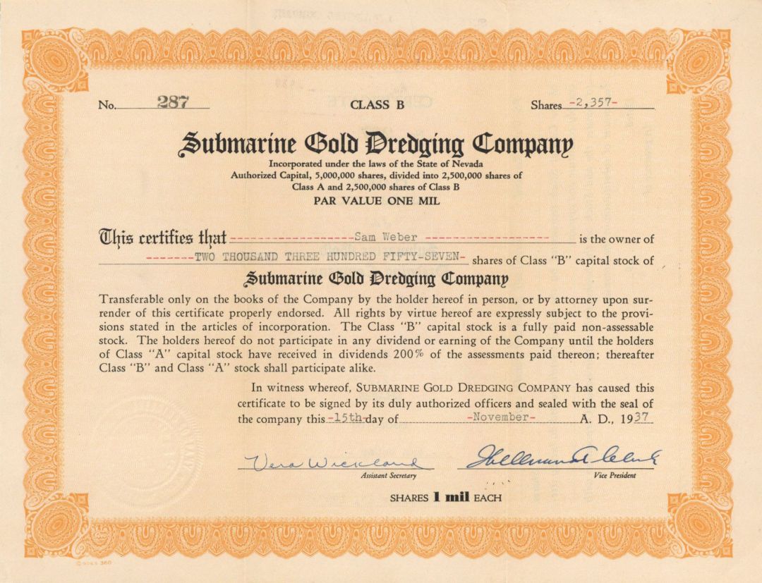 Submarine Gold Dredging Co. - 1937 dated Stock Certificate