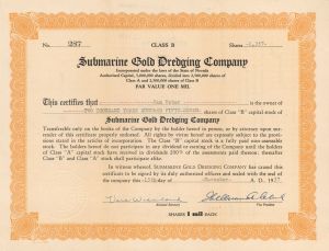 Submarine Gold Dredging Co. - 1937 dated Stock Certificate
