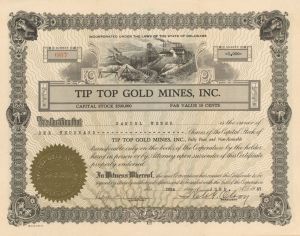 Tip Top Gold Mines, Inc. - 1937 dated Stock Certificate