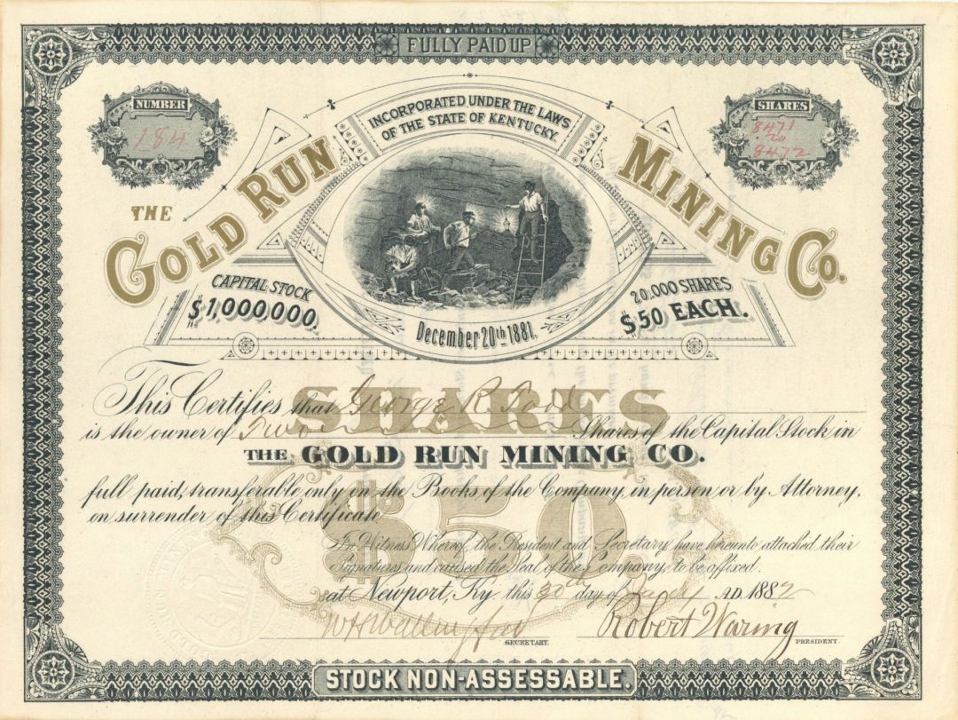 Gold Run Mining Co. - 1887 dated Stock Certificate