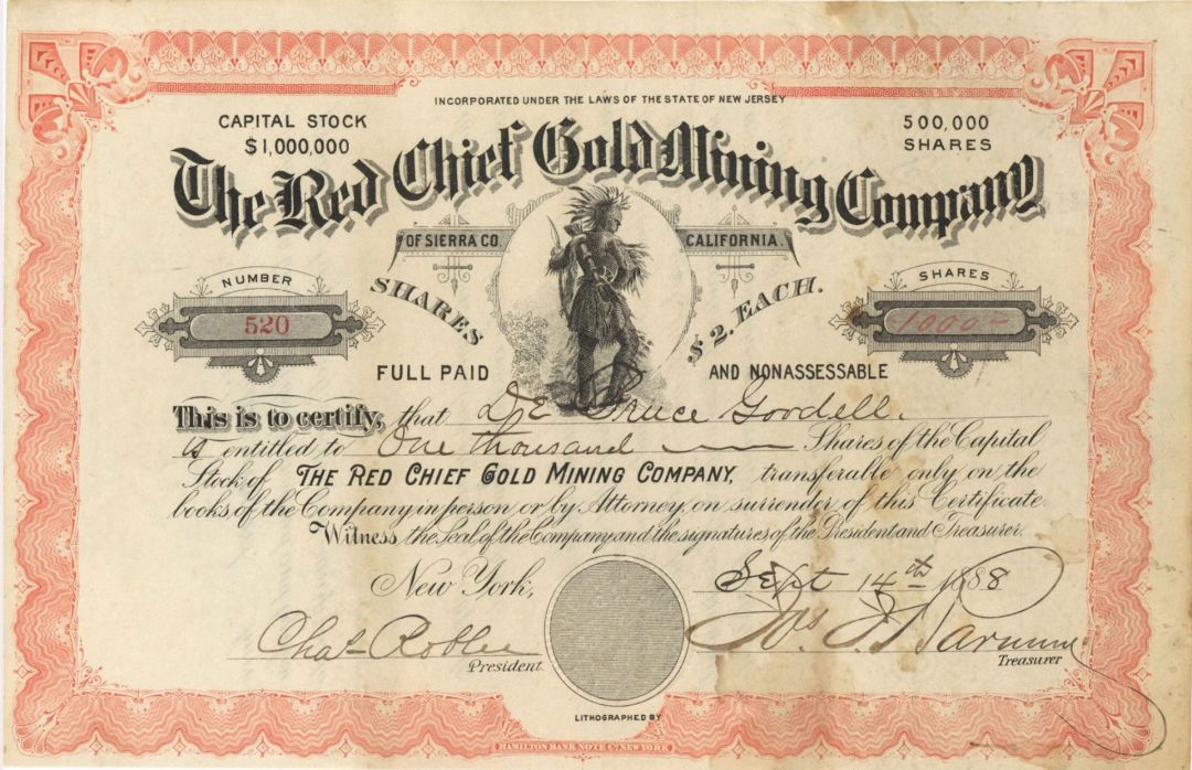 Red Chief Gold Mining Co. - 1888 dated Stock Certificate