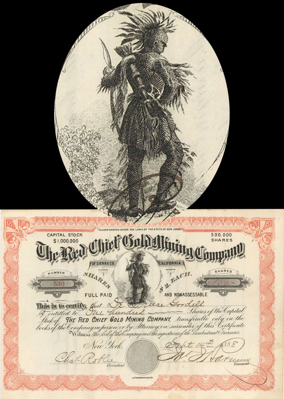 Red Chief Gold Mining Co. - 1888 dated Stock Certificate