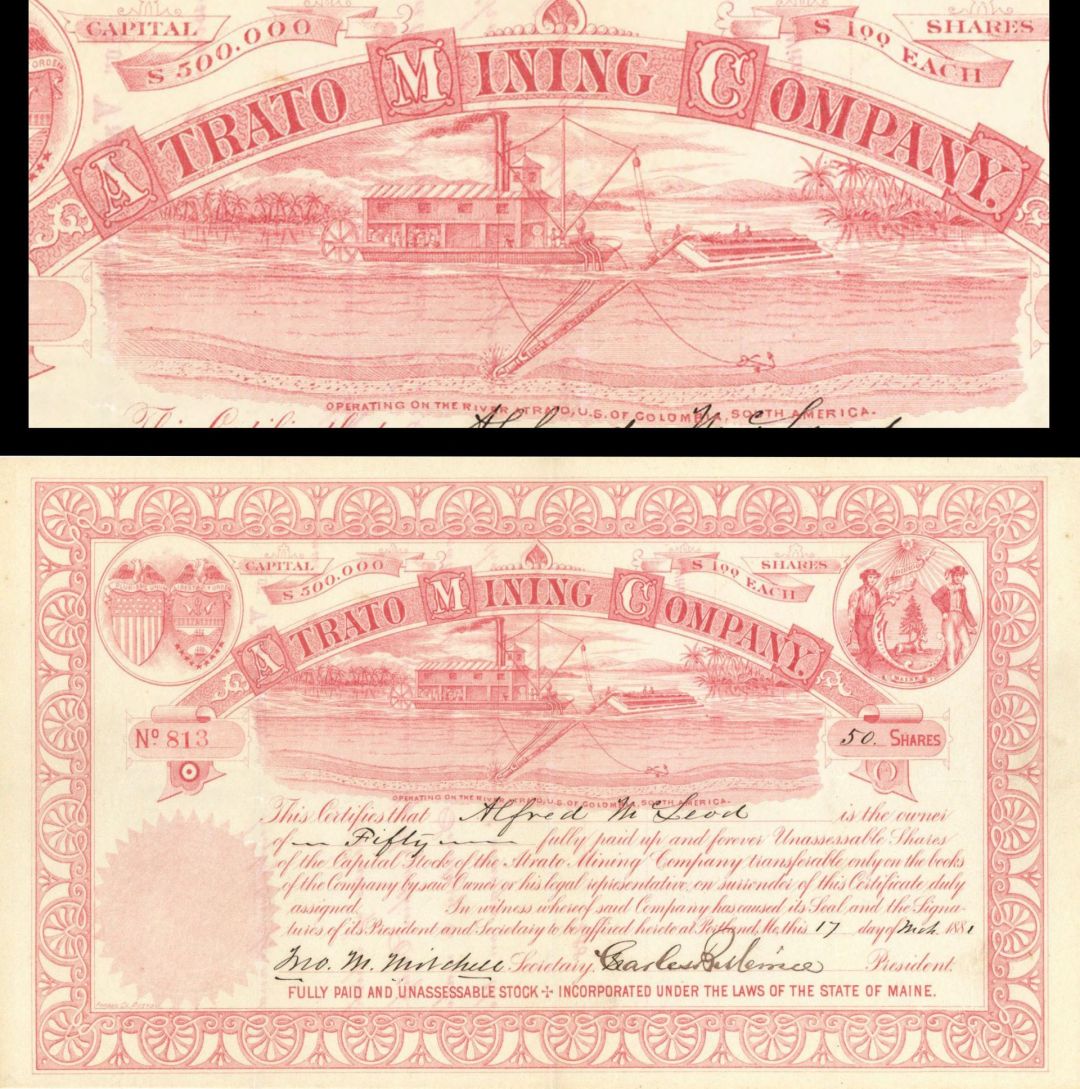 Atrato Mining Co. - 1881 dated Stock Certificate