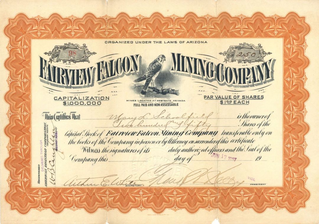 Fairview Falcon Mining Co. - 1907 dated Stock Certificate
