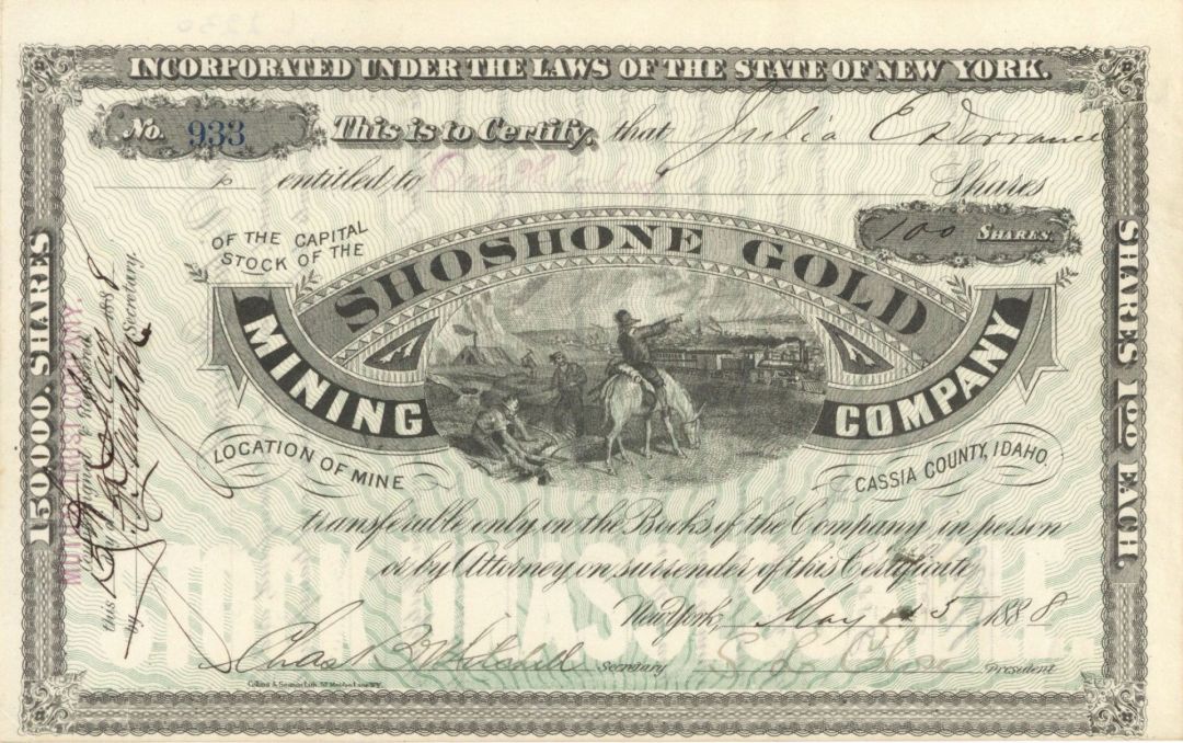 Shoshone Gold Mining Co. - 1888 dated Stock Certificate