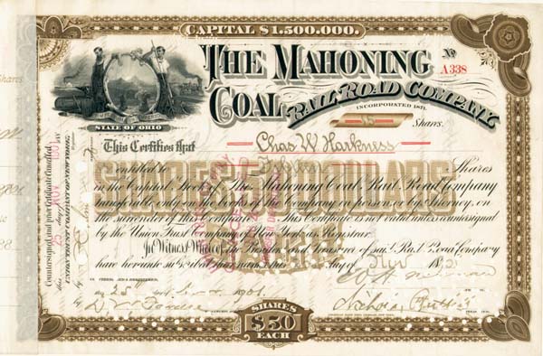 C. W. Harkness signed Mahoning Coal Railroad - Stock Certificate