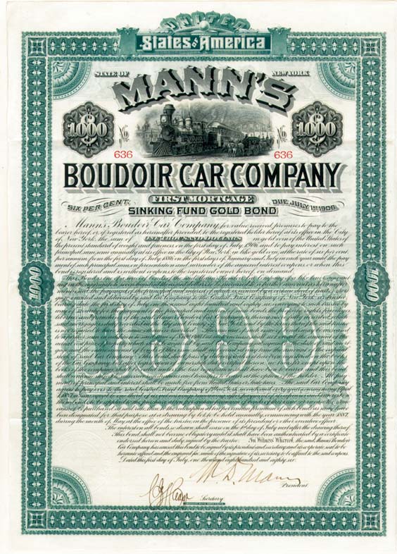 Mann's Boudoir (Railroad) Car Co $1,000 Uncanceled Gold Bond signed by William D'Alton Mann