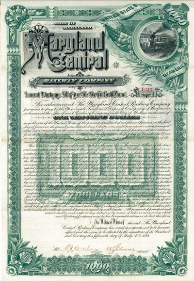 Maryland Central Railway Co. - $1,000 - Bond (Uncanceled)