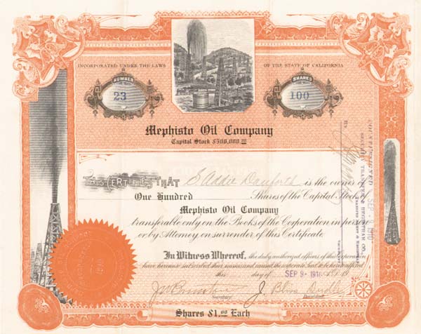 Mephisto Oil Co. - Stock Certificate