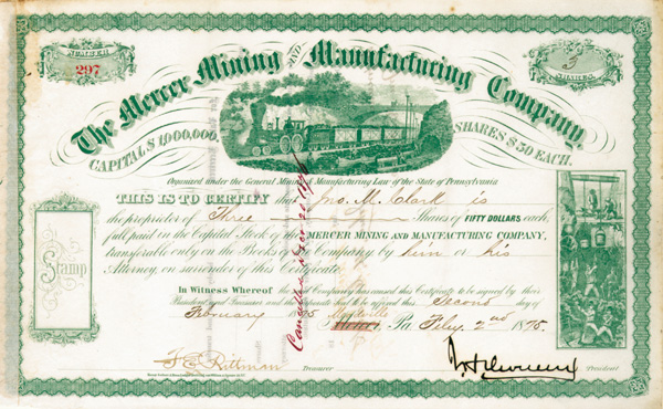 John Henry Devereux - Mercer Mining and Manufacturing Co - Stock Certificate