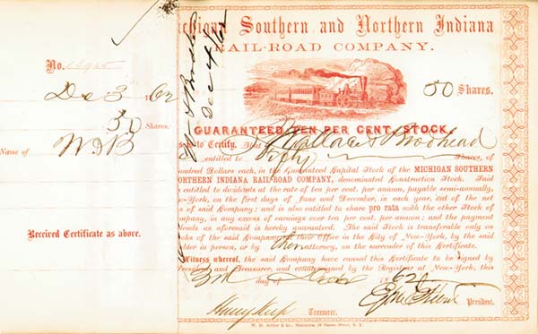 Henry Keep - Michigan Southern and Northern Indiana Railroad - Stock Certificate