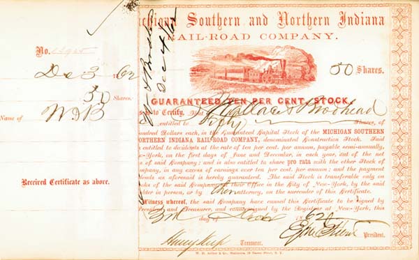 Henry Keep - Michigan Southern and Northern Indiana Railroad - Stock Certificate