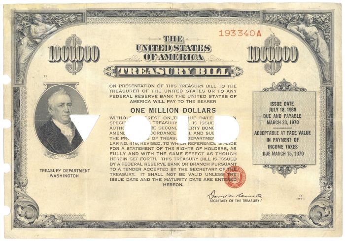 $1,000,000 United States Treasury Bill issued June 5, 1969 - One Million Dollar Treasury Bill