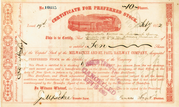 Russell Sage - Milwaukee and St. Paul Railway - Stock Certificate