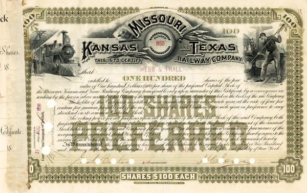 Missouri, Kansas and Texas Railway - The Katy - 1890's-1900's dated Railroad Stock Certificate