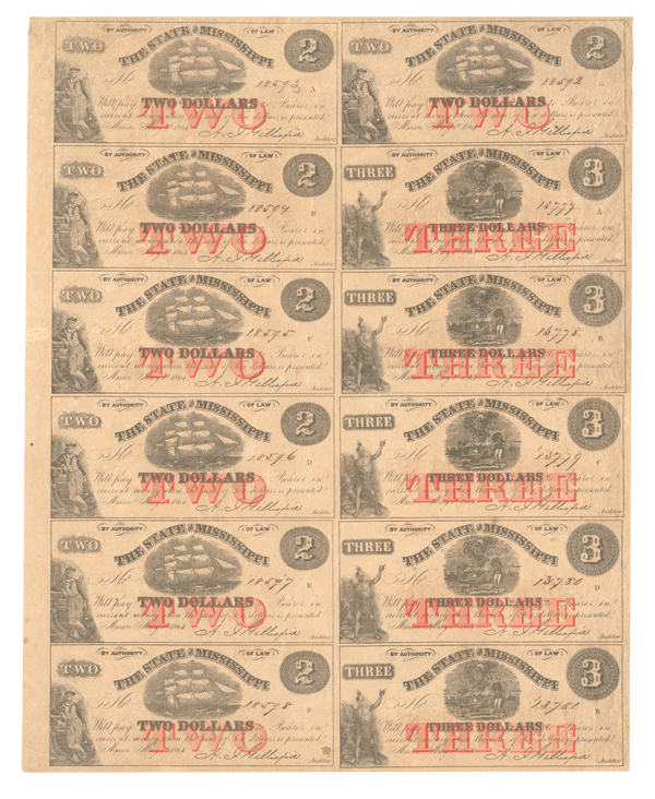 State of Mississippi Uncut Obsolete Sheet - Broken Bank Notes