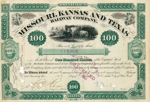Jay Gould - Missouri, Kansas and Texas Railway - Stock Certificate
