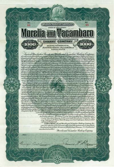 Morelia and Tacambaro Railway - Bond (Uncanceled)