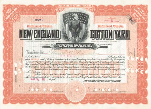 New England Cotton Yarn - Stock Certificate