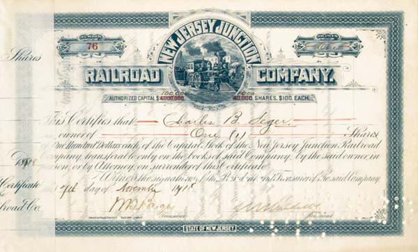 William K. Vanderbilt, Jr. - New Jersey Junction Railroad - Stock Certificate