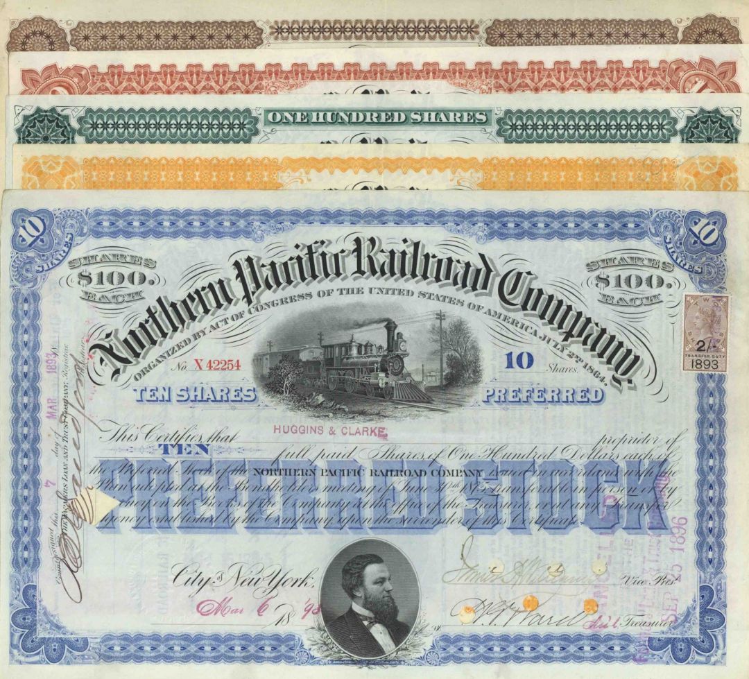 Set of 5 Northern Pacific Railroad dated 1876-97 Stock Certificates - 5 Different Gorgeous Colors - Fantastic History