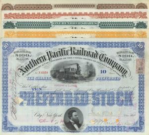 SPECIAL PRICE - Set of 5 Northern Pacific Railroad Stock Certificates - 5 Different Colors - Fantastic History