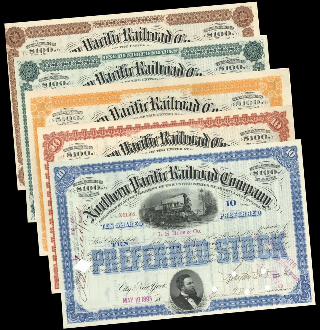 Northern Pacific Railroad - Fantastic Set of 5 Stock Certificates - 5 Different Colors