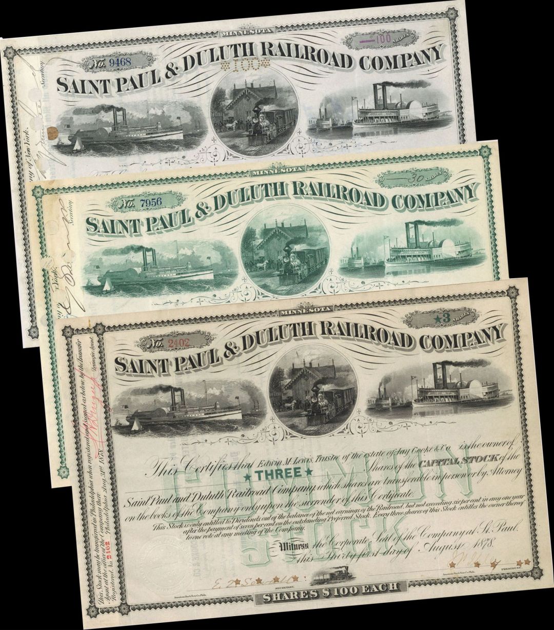 Set of 3 Stock Certificates of the Saint Paul and Duluth Railroad Co. - 1870's-90's dated Minnesota Railway Stock - Northern Pacific Railroad Archive