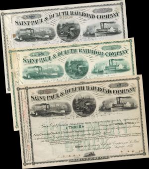 Set of 3 Stock Certificates of the Saint Paul and Duluth Railroad Co. - 1870's-90's dated Minnesota Railway Stock - Northern Pacific Railroad Archive