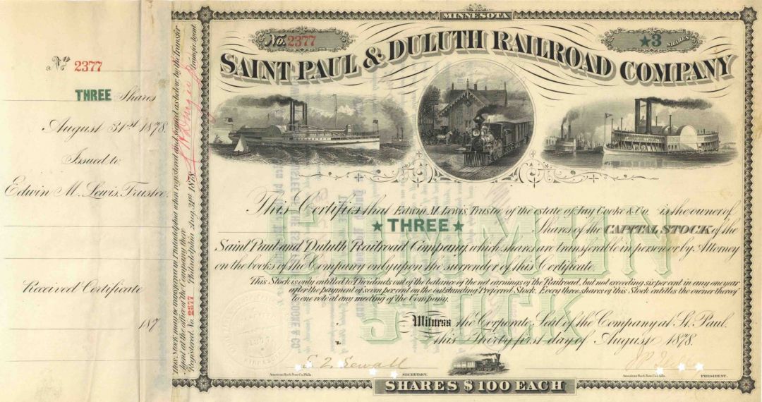 Saint Paul and Duluth Railroad Co. - Minnesota Railway Stock Certificate - Northern Pacific Archive