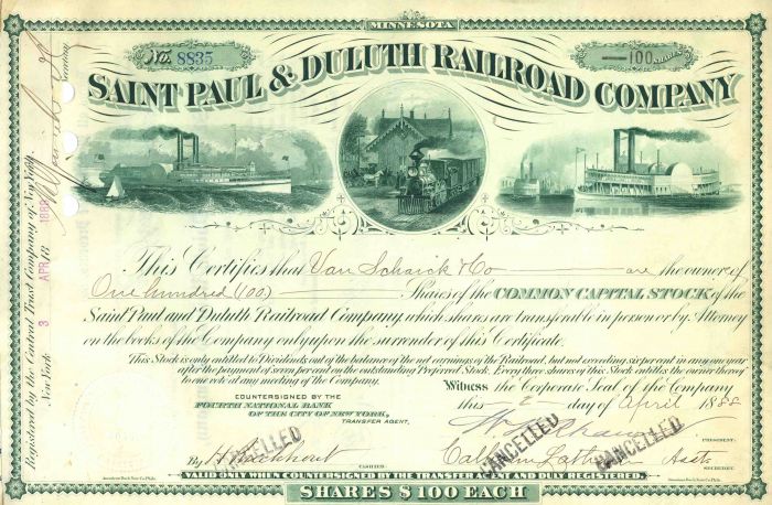 Saint Paul and Duluth Railroad - Stock Certificate