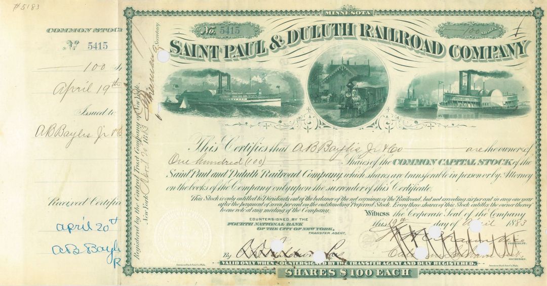 Saint Paul and Duluth Railroad - Stock Certificate
