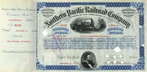 Northern Pacific Railroad Co. signed by Jay Cooke - Autograph Railway Stock Certificate