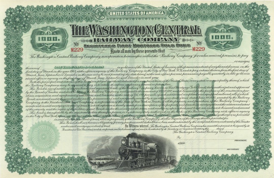 Washington Central Railway Co. - Circa 1910 $1,000 Northern Pacific Archive Bond - Green Type