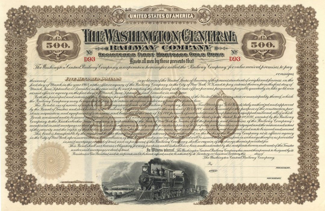 Washington Central Railrway Co. - Circa 1910 $500 Northern Pacific Archive Bond - Brown Type