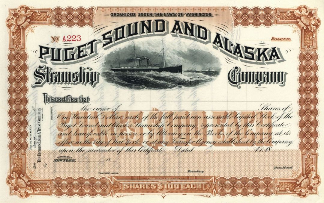 Puget Sound & Alaska Steamship Co. - 1890's circa Unissued Gorgeous Brown Stock Certificate - Part of the Northern Pacific Railroad Archive