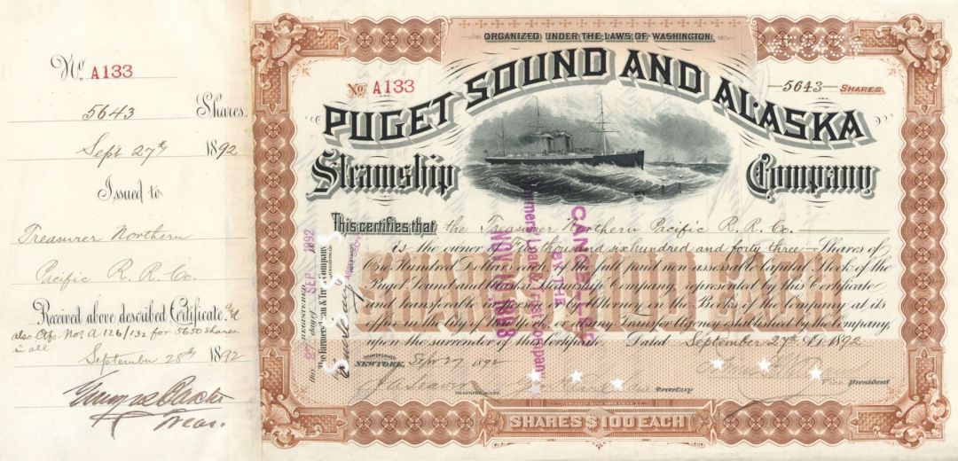 Puget Sound and Alaska Steamship Co. - Shipping Stock Certificate