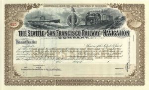 Seattle and San Francisco Railway and Navigation Co. - Unissued Washington and California Stock Certificate