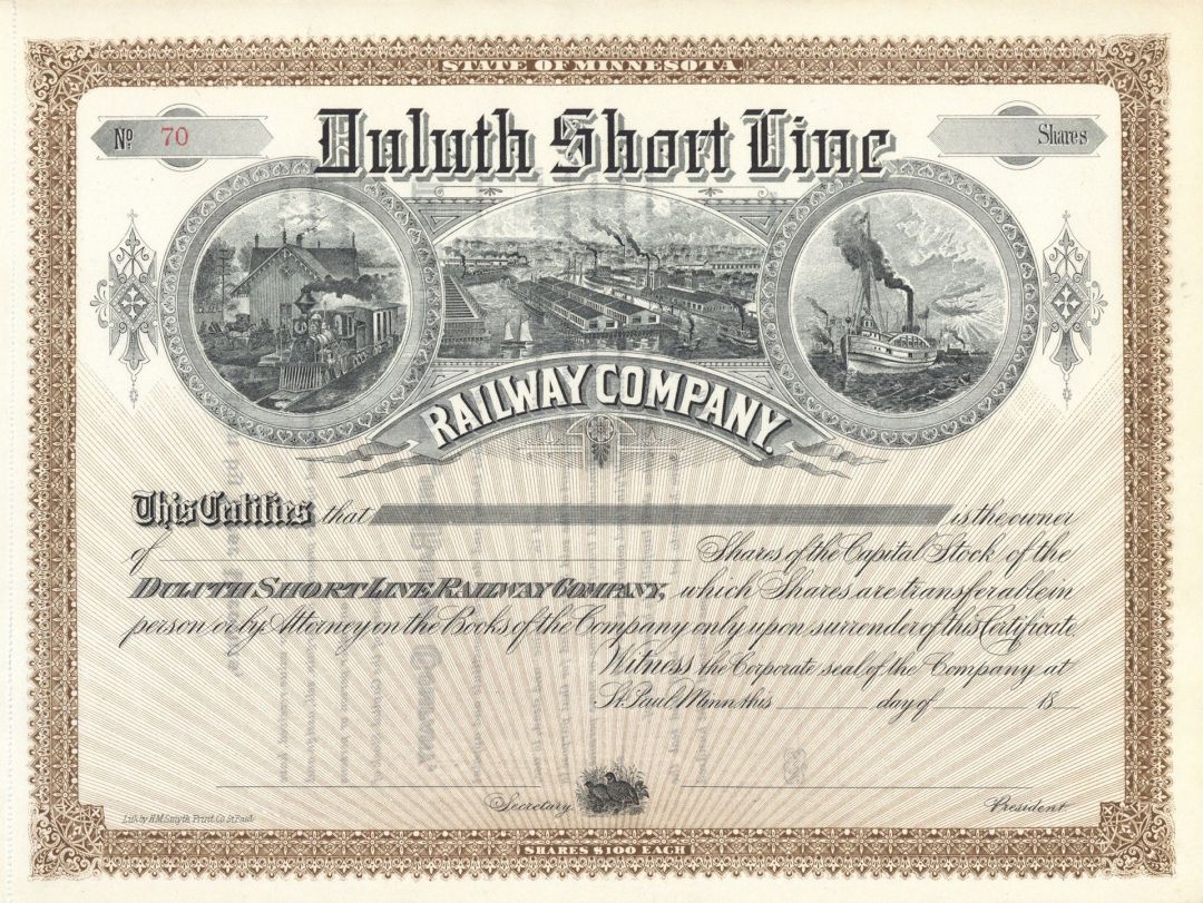 Duluth Short Line Railway Co. - Unissued Minnesota Railroad Stock Certificate - Gorgeous Vignette