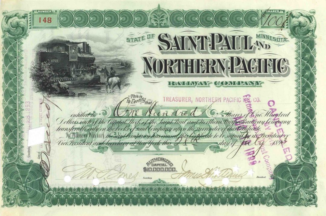 St. Paul and Northern Pacific Railway - Minnesota Railroad Stock Certificate