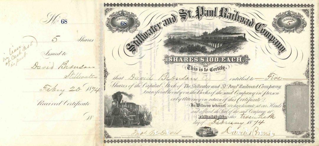 Stillwater and St. Paul Railroad Co. - Minnesota Railway Stock Certificate - Branch Line of the Northern Pacific Railroad