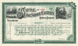 Seattle, Lake Shore and Eastern Railway Co. - Circa 1887-1896 Unissued Railroad Stock Certificate - Branch Line of the Northern Pacific Railroad