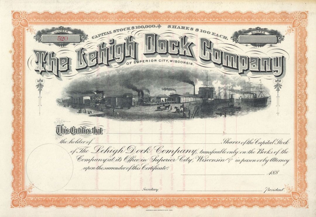 Lehigh Dock Co. of Superior City Wisconsin - Stock Certificate